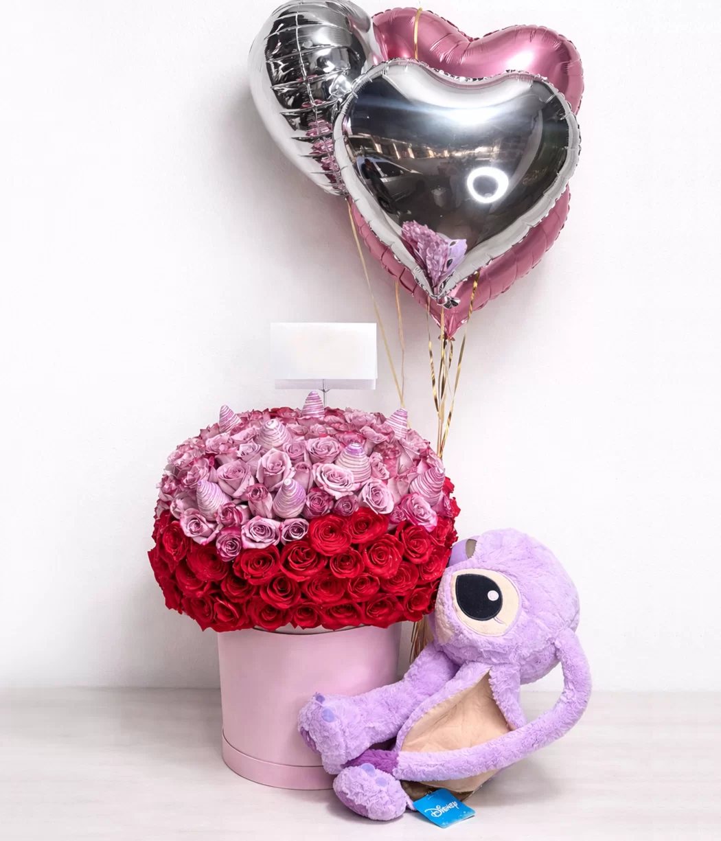 arreglo floral premium, rosas en caja, flores con peluche, flores con globos, regalo romántico, rosa